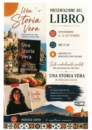 Presentazione del libro "una storia vera" di Rosalba Scalia c/o la biblioteca comunale il 12.09.2026 alle ore 17:30