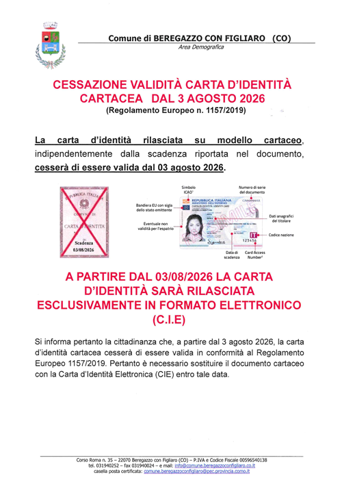 Cessazione validità carta d’identità cartacea dal 03 agosto 2026